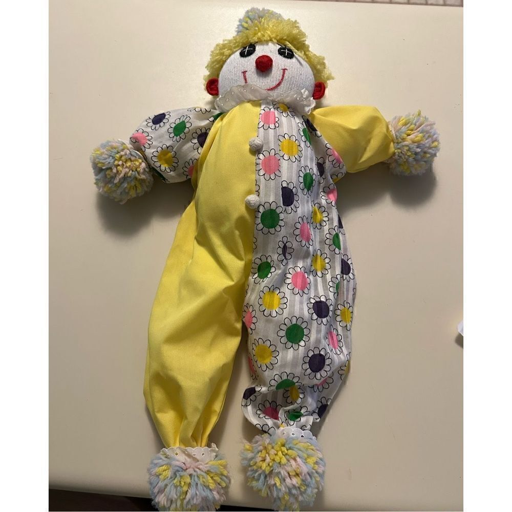Handmade Vintage sock Clown Yellow And Polka Dot Pattern Happy 22” Tall